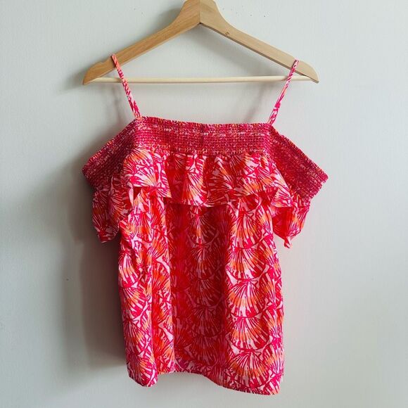 Vineyard Vines Shell Print Off-Shoulder Top – Large – Pink Orange Coastal Blouse - Picture 3 of 8